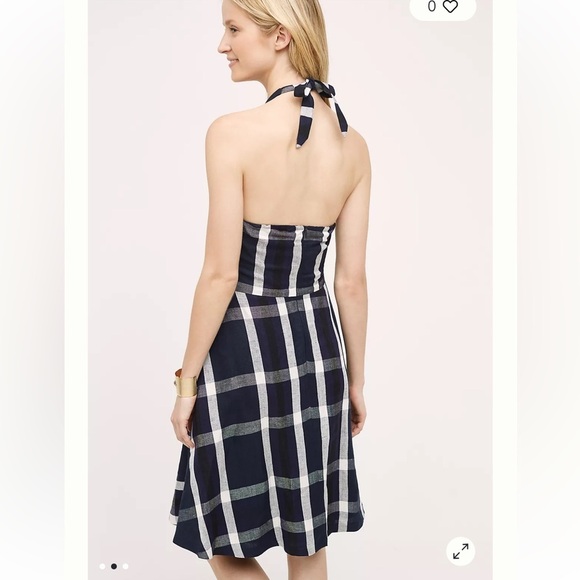 Eva Franco Anthropologie Plaid Halter Dress Pin Up Linen Blend Blue Motif Sz 10 - Picture 2 of 15